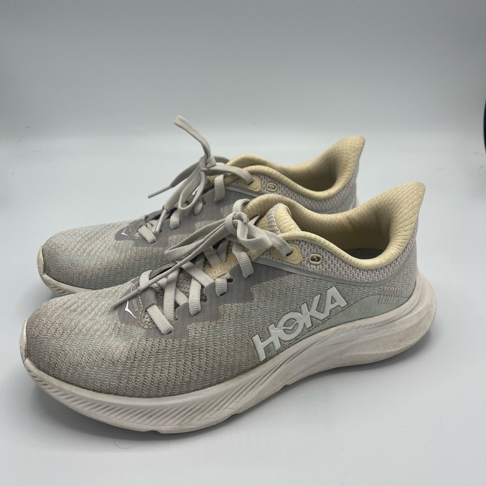 Hoka One One Gray Cream Athletic Shoes with Cushioned Design - Picture 3 of 7